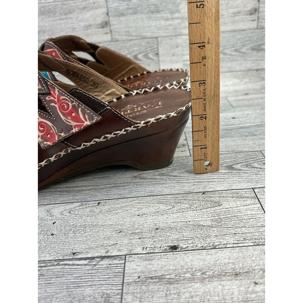 L Artiste Spring Step Sorriso‎ Brown Leather Wedge Sandals Hand Painted Women 39